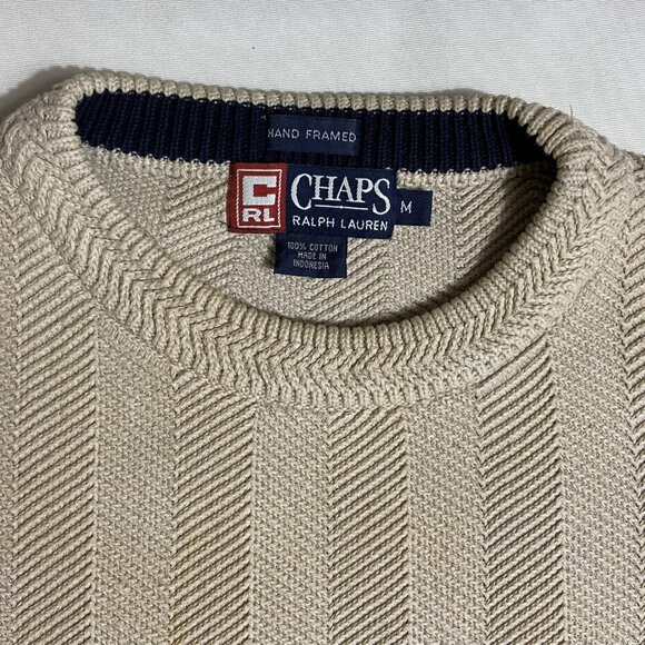 Chaps Ralph Lauren Men M Beige Herringbone Hand Framed Cotton Sweater - Picture 2 of 7